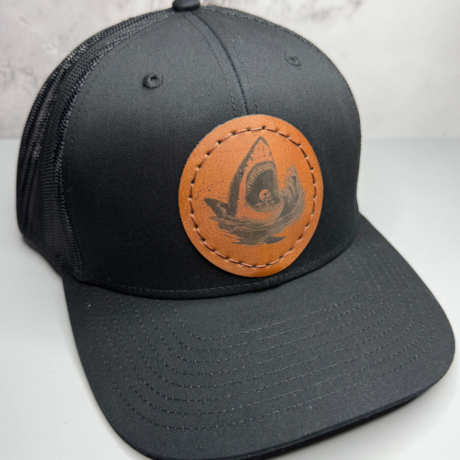Great White Shark Skeleton Snapback Hat - Hand Sewn Leatherette Patch Cap
