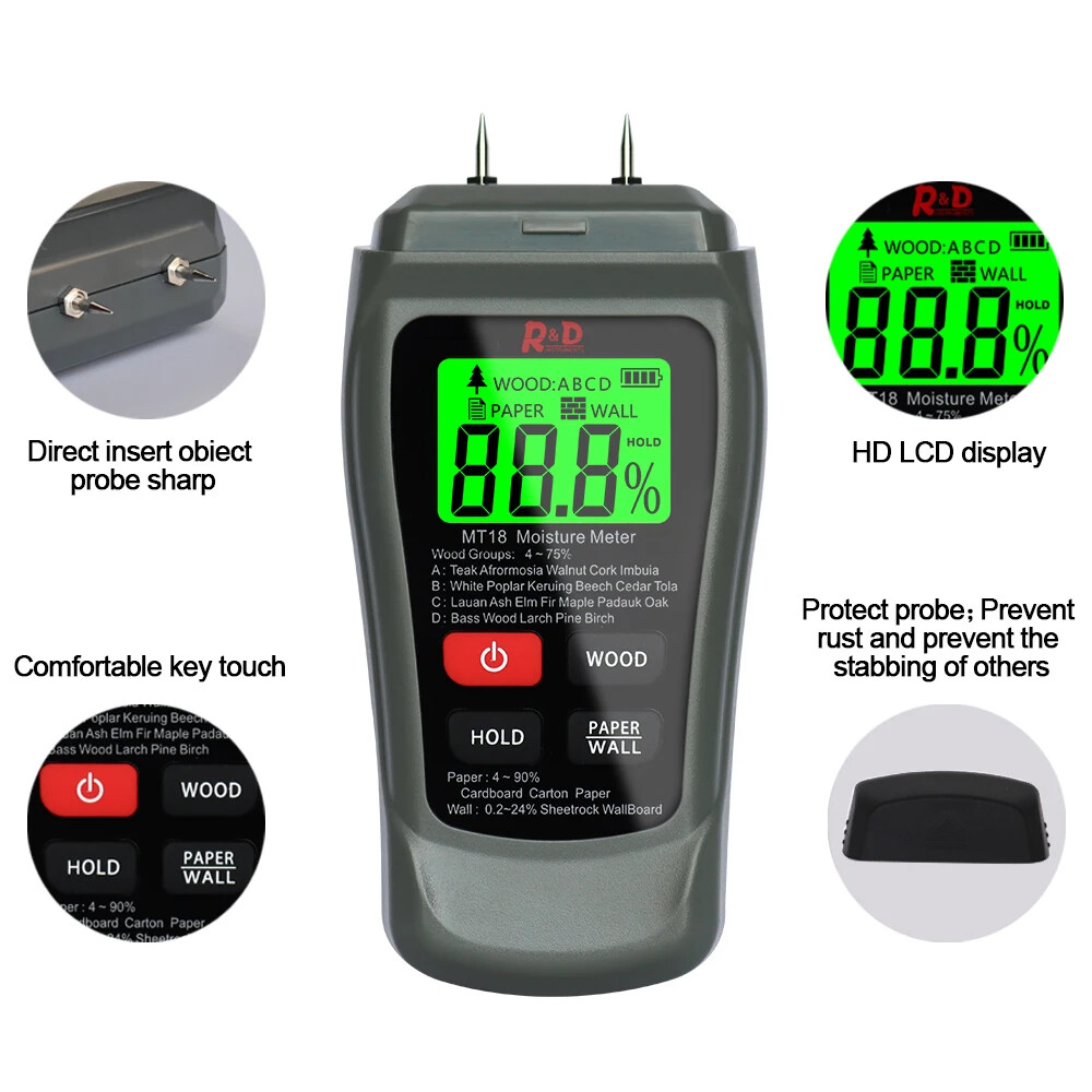 MT-18 Grey 0-99.9% Two Pins Digital Wall Hygrometer Timber Damp Detector