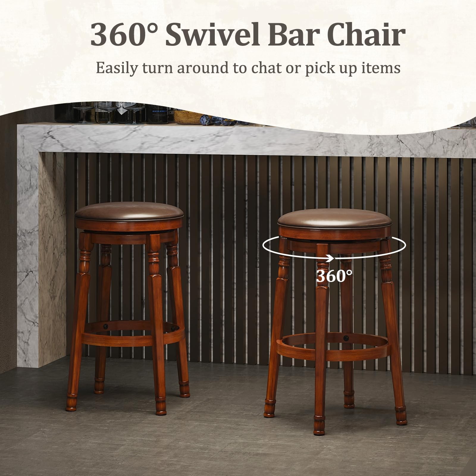 Swivel Bar Stools Set of 2, 29" Bar Height Bar Stools w/Faux Leather Padded S...
