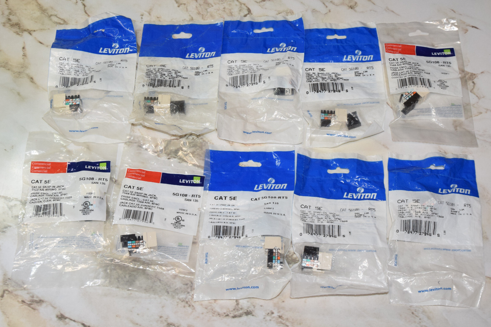 Lot 10 New Leviton CAT 5E Snap In Jack T568 A/B Wiring 5G108-RT5 Light Almond