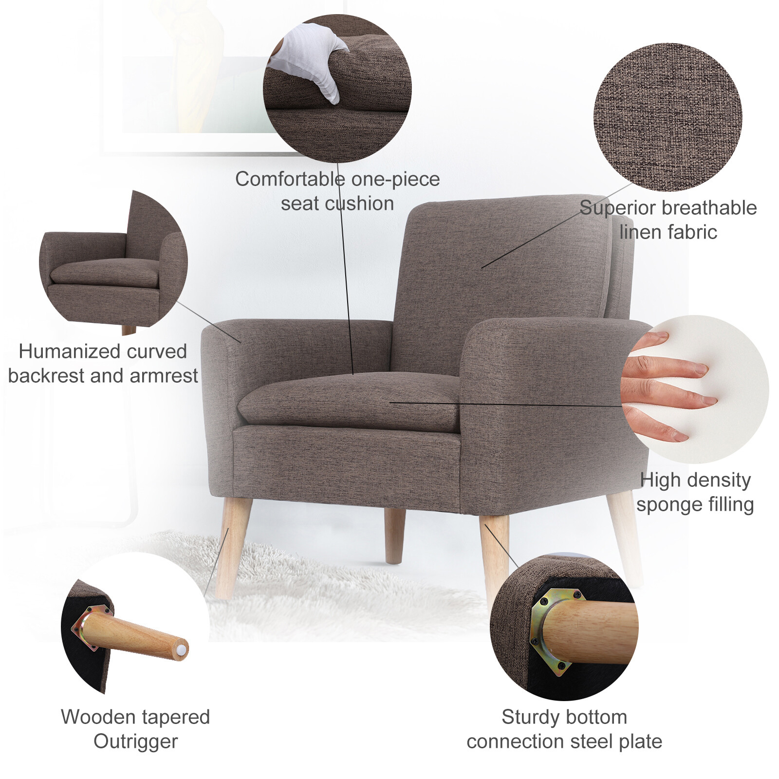 Arm Chair Accent Single Sofa Linen Upholstered Wood Leg Living Room Armrest Sofa