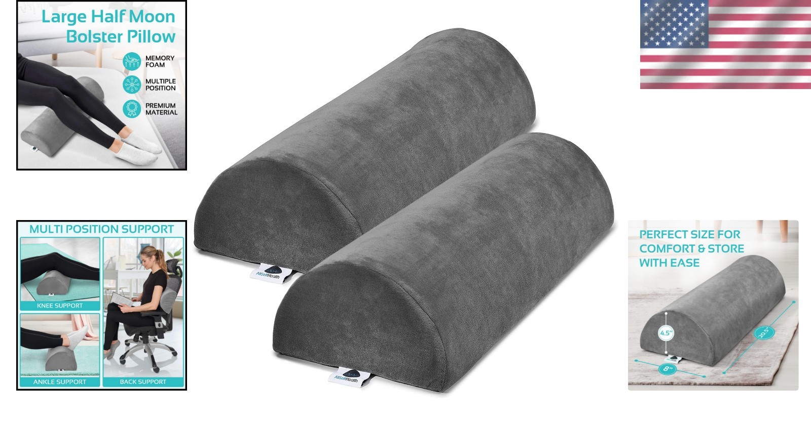 2-Pack Half Moon Bolster Pillows - Ultimate Memory Foam Support for Sleep