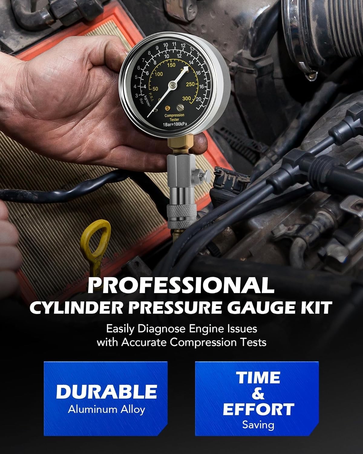 Precision Engine Cylinder Compression Tester - 11 pc Kit with Adapters and Gauge