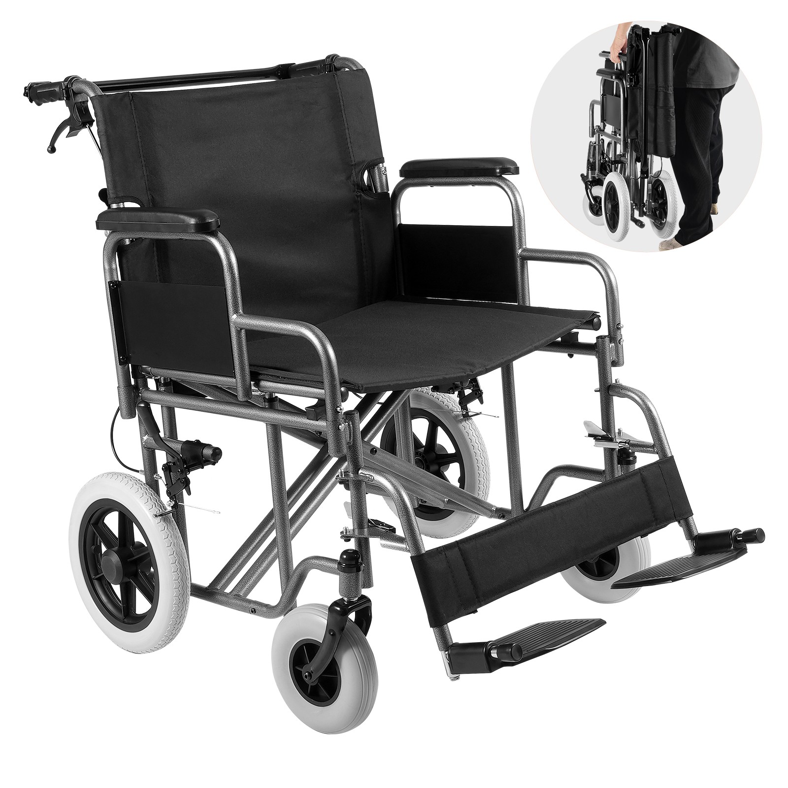 Uimoso Transport Wheelchair Foldable Lightweight 24in Wide Seat Supports 300lbs