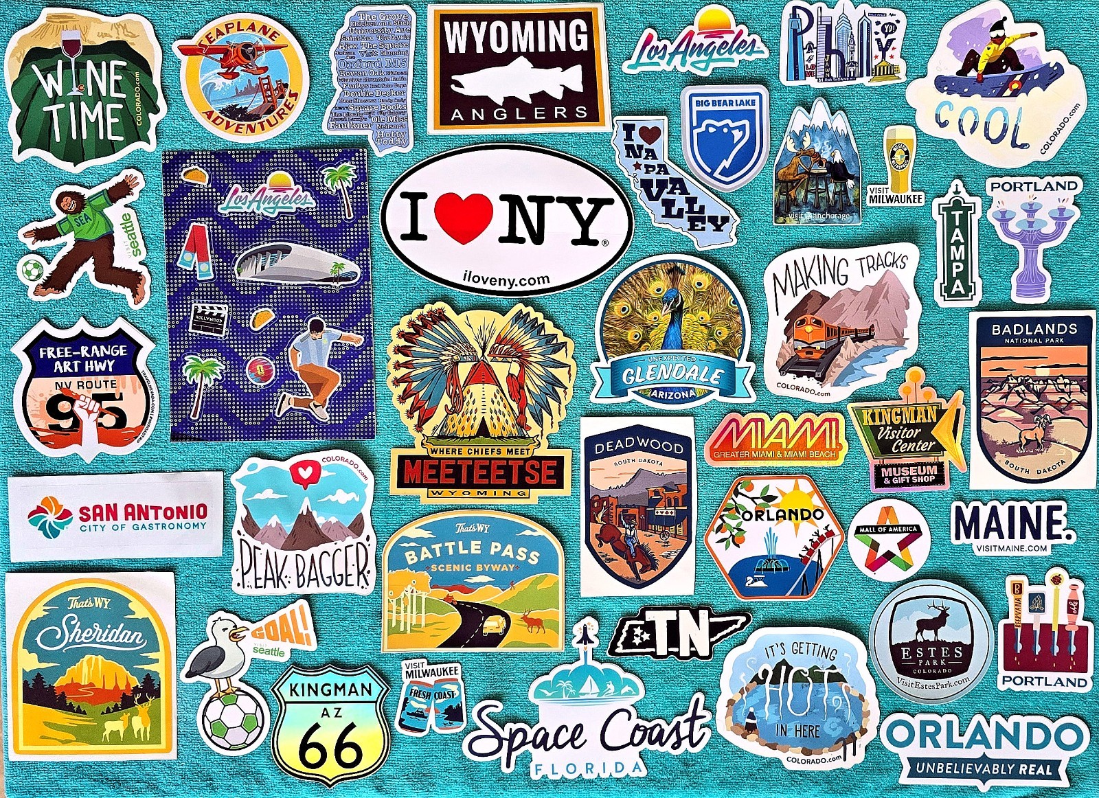 40 - DIFFERENT US STATE & OTHER TRAVEL DECALS - VINYL STICKERS - USA - SOME RARE
