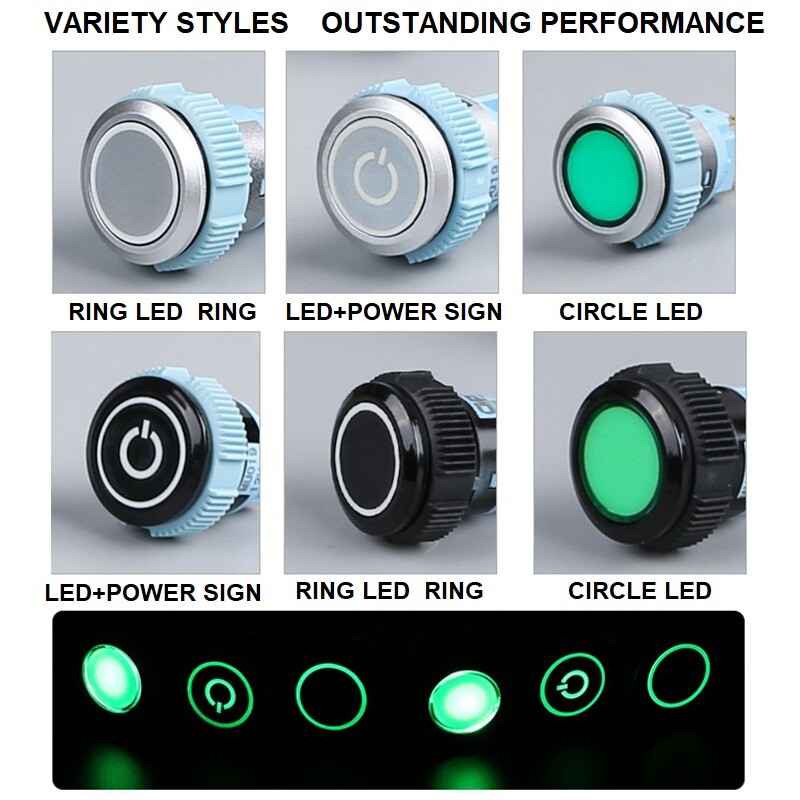 19mm Tri-color LED Black Plastic 2NO 2NC5A 250V Ring LED IP67 Push Button Switch