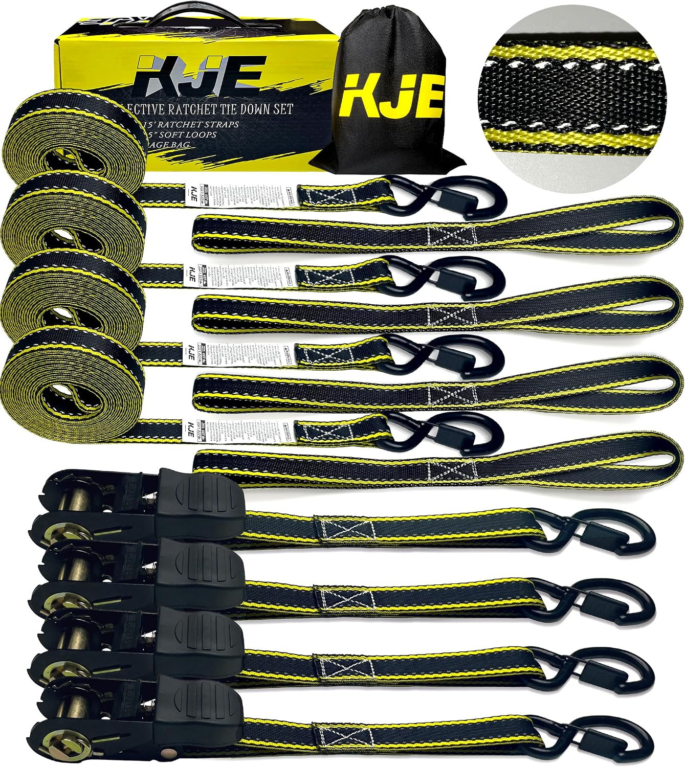 Reflective Ratchet Straps, (4) 1" X 15' Tie down Strap Sets + (4) Soft Loops, TP