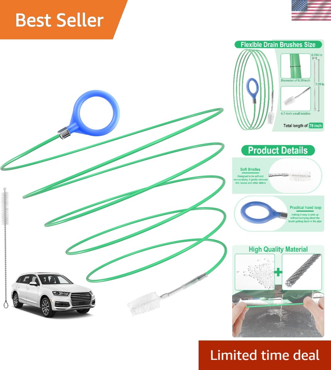 Multi-Purpose 78-Inch Flexible Cleaning Brush for Cars - Ideal for Drains & More