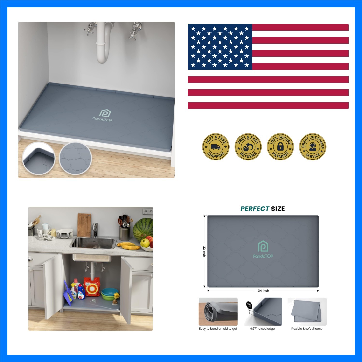 Under Sink Mat, 34" x 22" Silicone Kitchen Cabinet Tray, Waterproof & Flexibl...