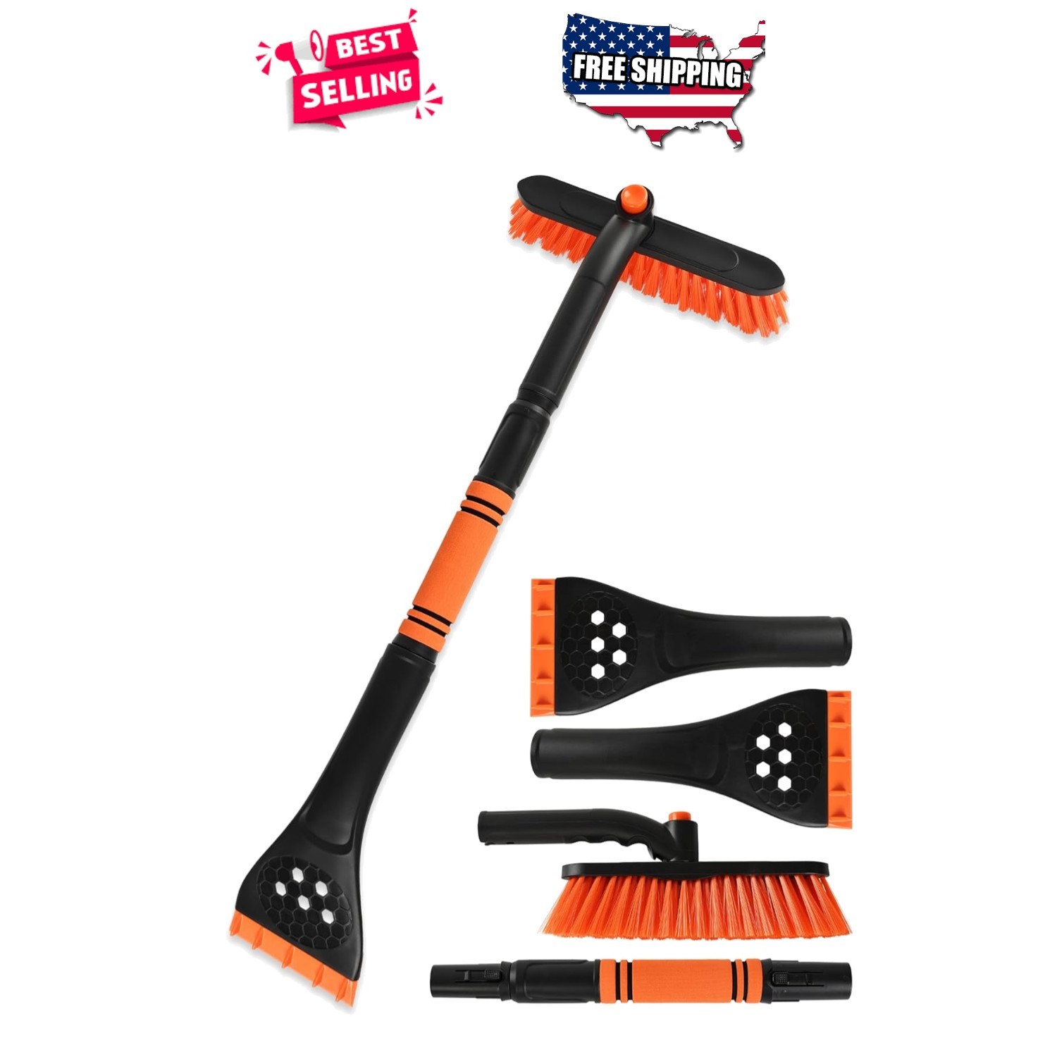 Snow Brush for Car 34" Extendable 2-in-1 Snow Scraper 360° Pivot Head Orange