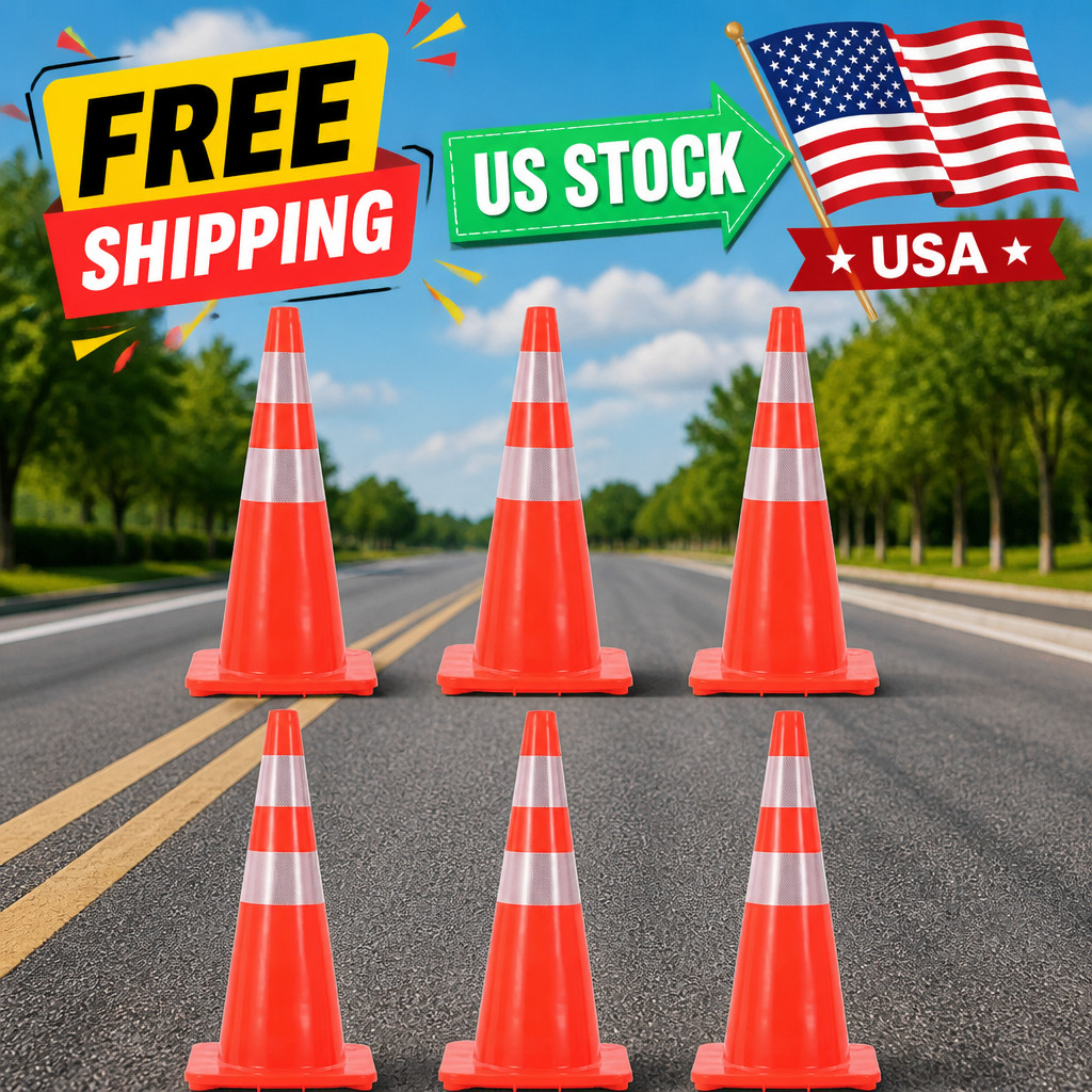 6 Pack Traffic Cone Set, 28 Inch High-Visibility Stackable Barriers with Reflect