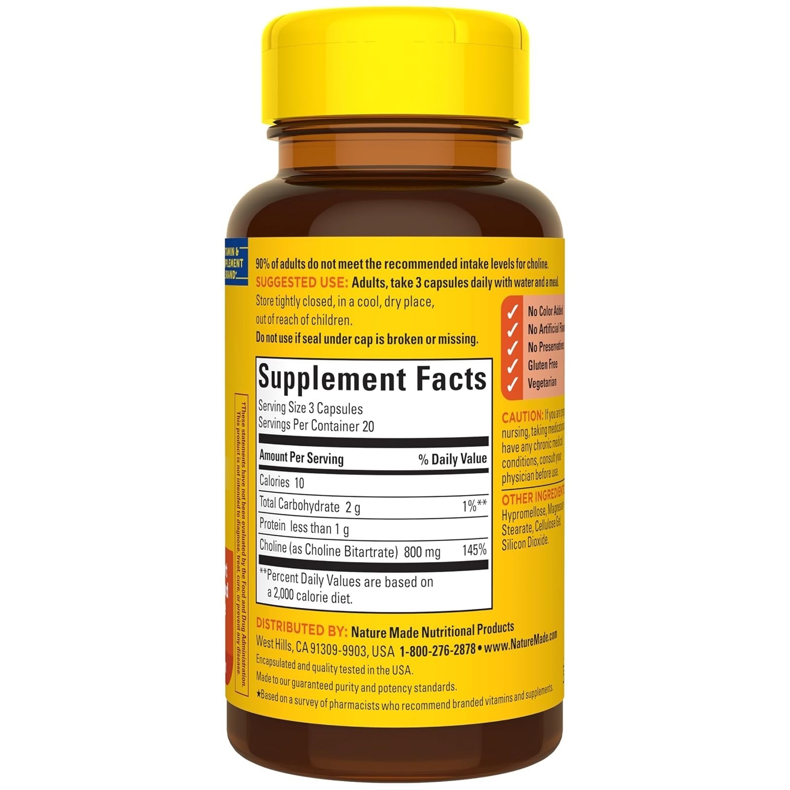 Nature Made Extra Strength Dosage Choline Supplements 800 Mg Per 3 Capsules, Bra