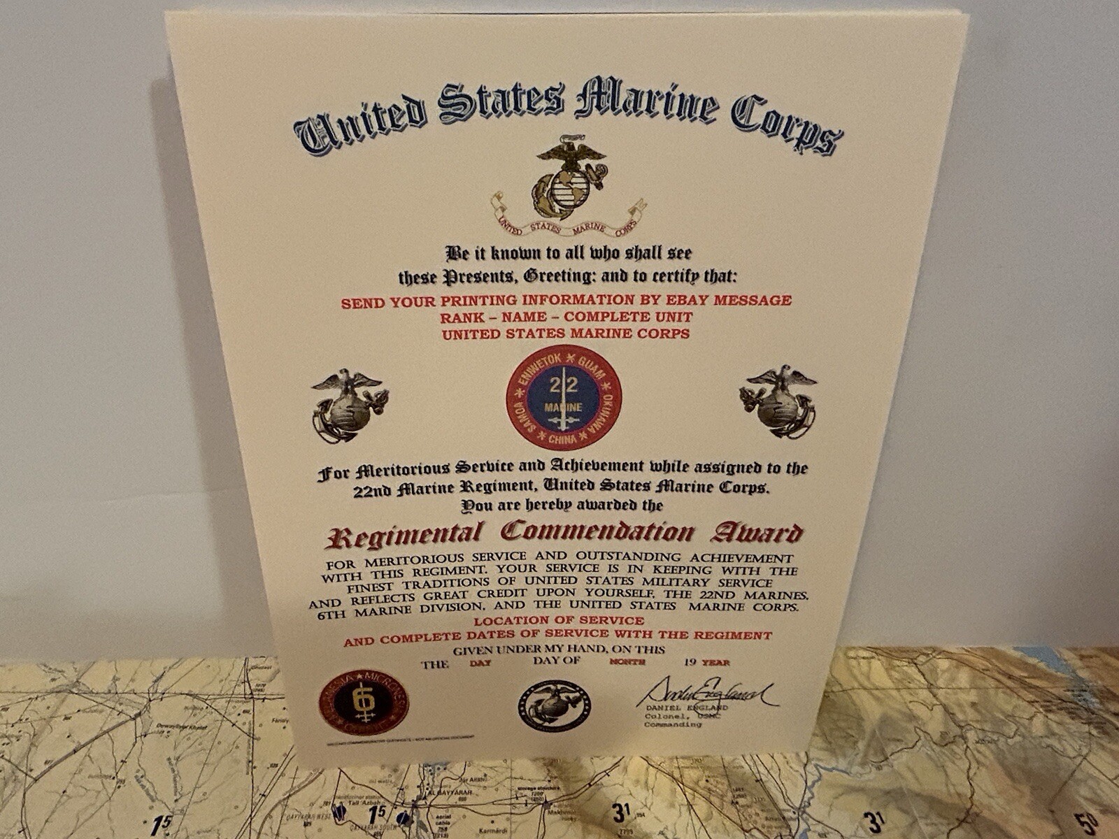 U.S.M.C. / 22ND MARINE REGIMENT - REGIMENTAL COMMENDATION AWARD CERTIFICATE