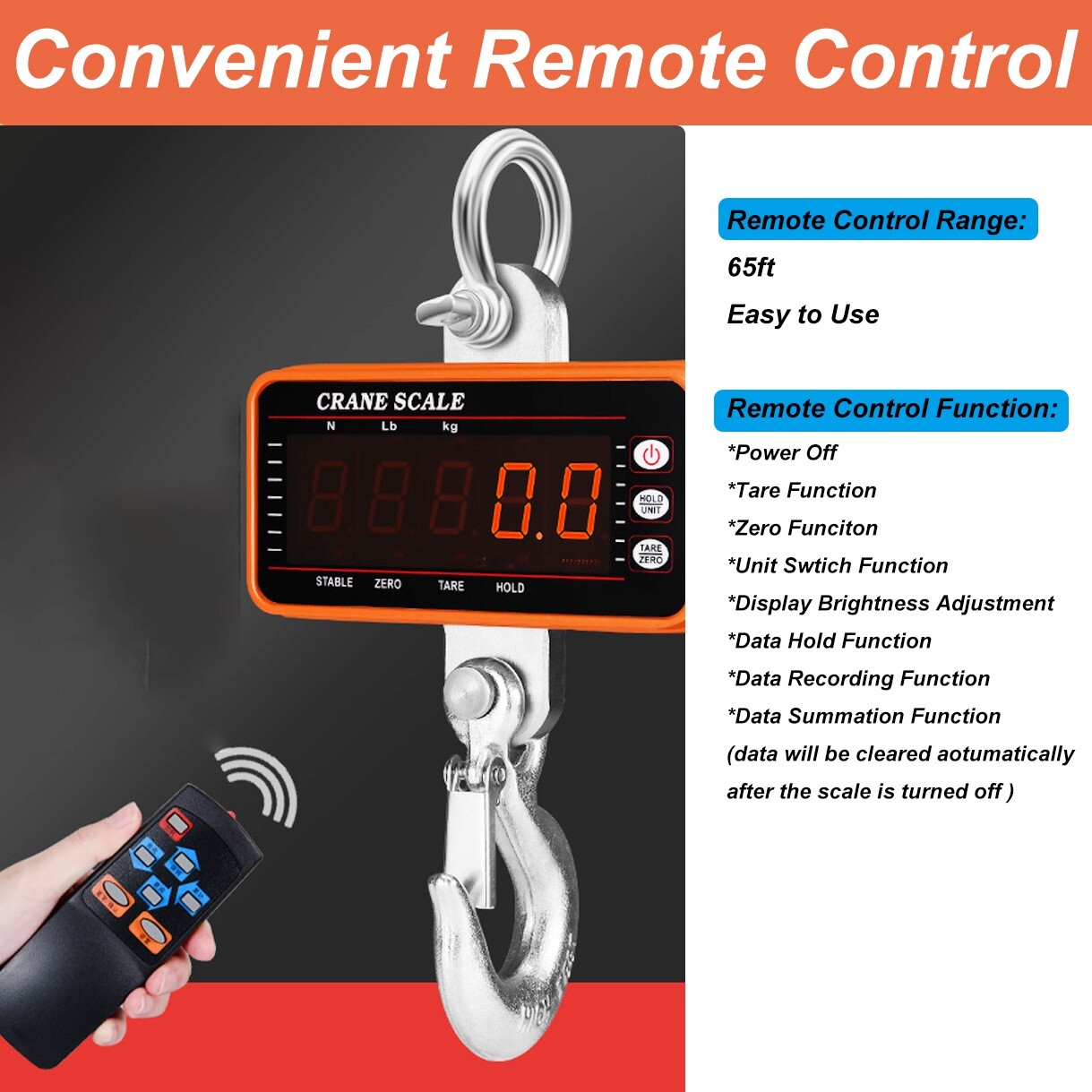 2200lbs/1000kgs Digital Hanging Scale Industrial Heavy Duty Crane Tare Function