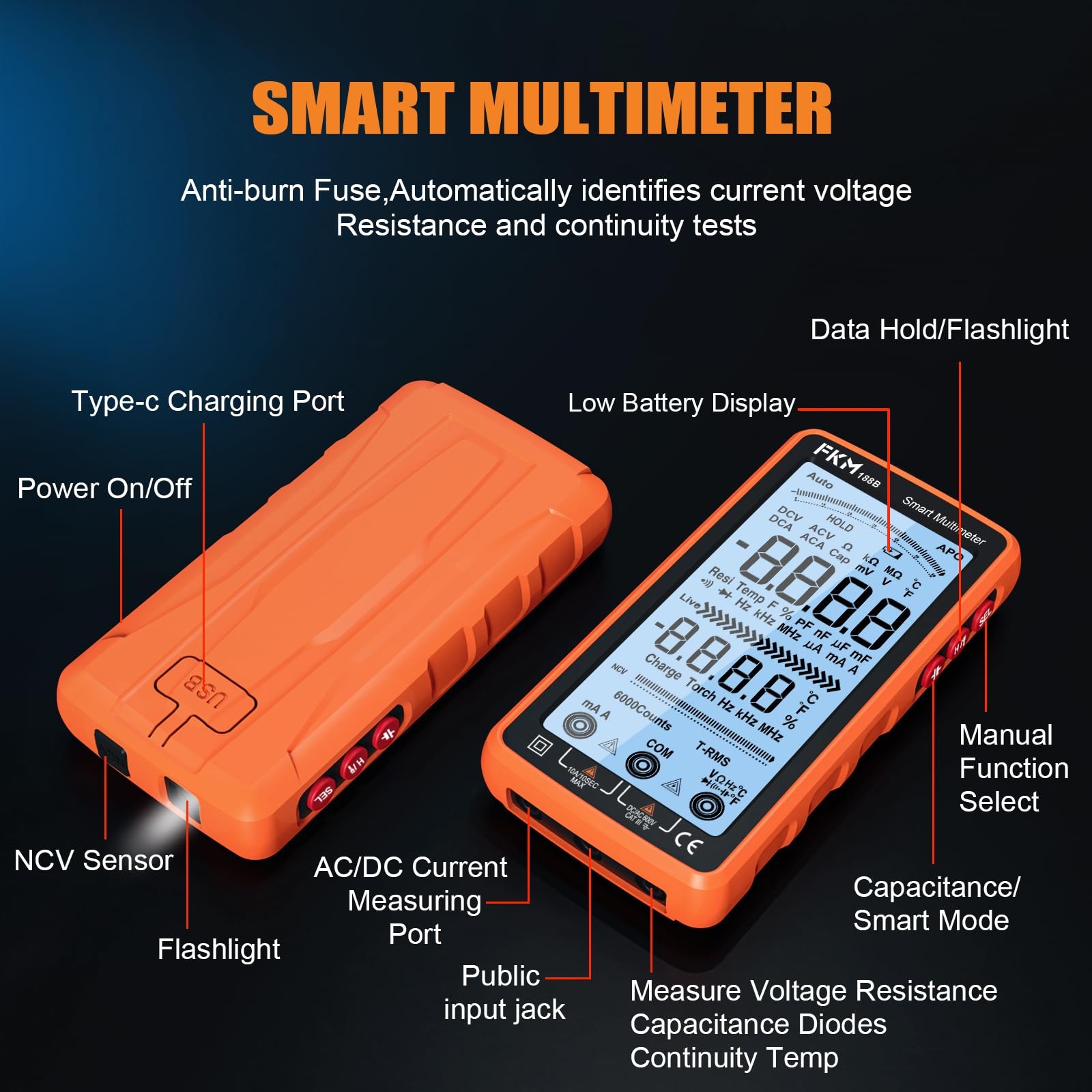 FKM Digital Multimeter Tester Auto-Ranging TRMS 6000 Counts Smart Rechargeabl...