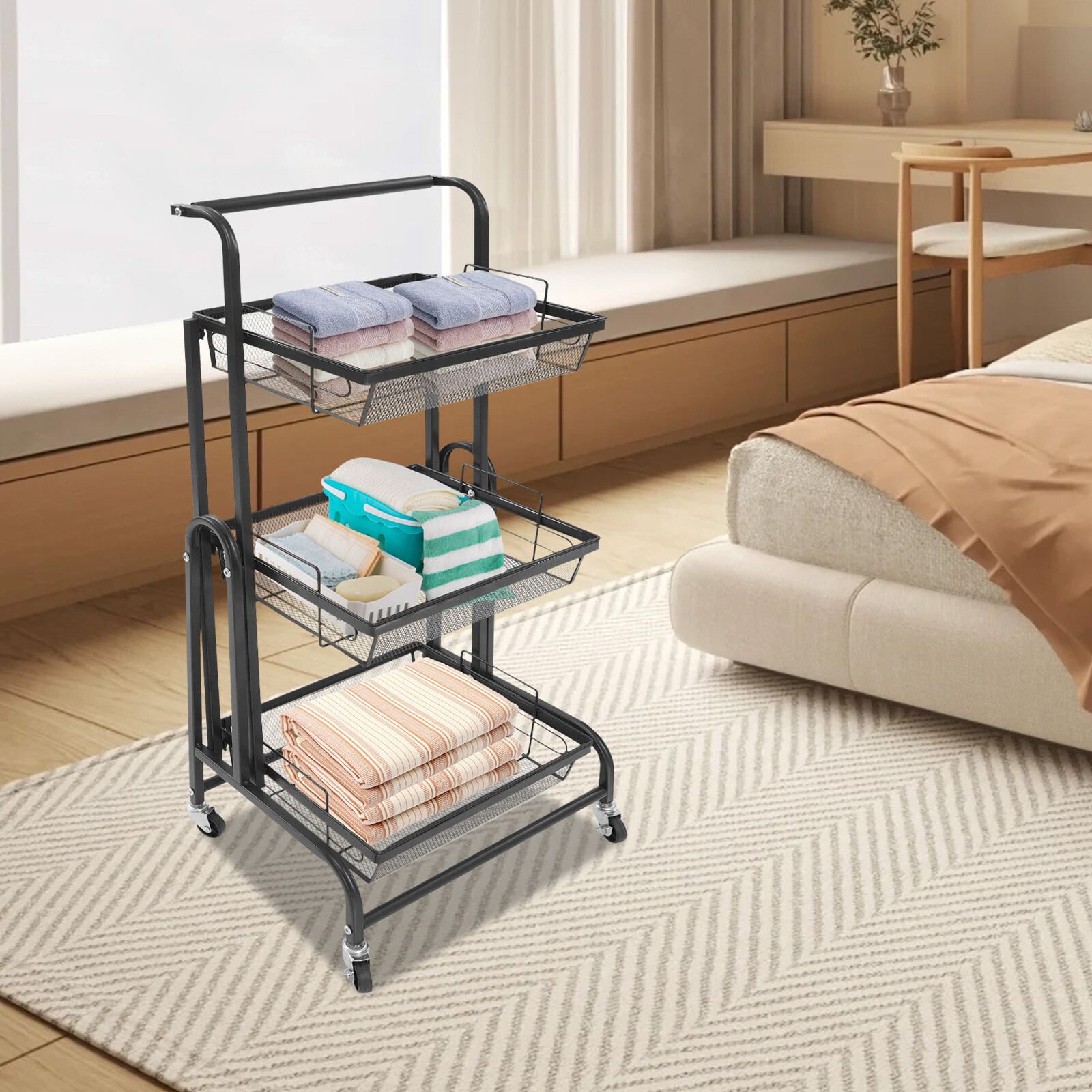 3-Tier Adjustable Metal Rolling Utility Cart, Multi-Functional Storage Cart