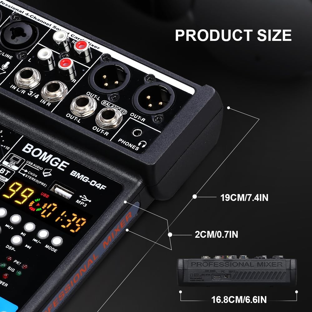 BOMGE 4 Channel mini DJ Audio Sound Mixer Interface with MP3 USB, Bluetooth, St