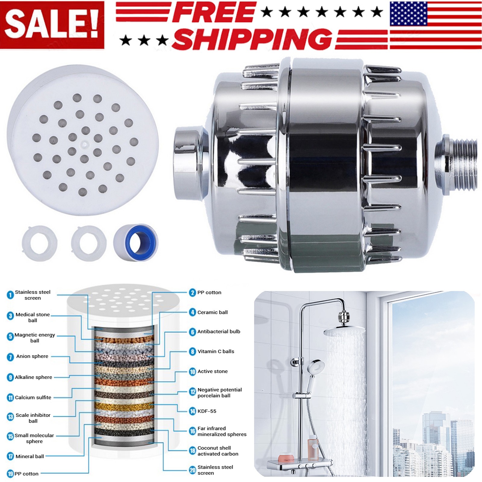 20 Stage Shower Head Filter Purifier with Filter for Hard Water Softener USA