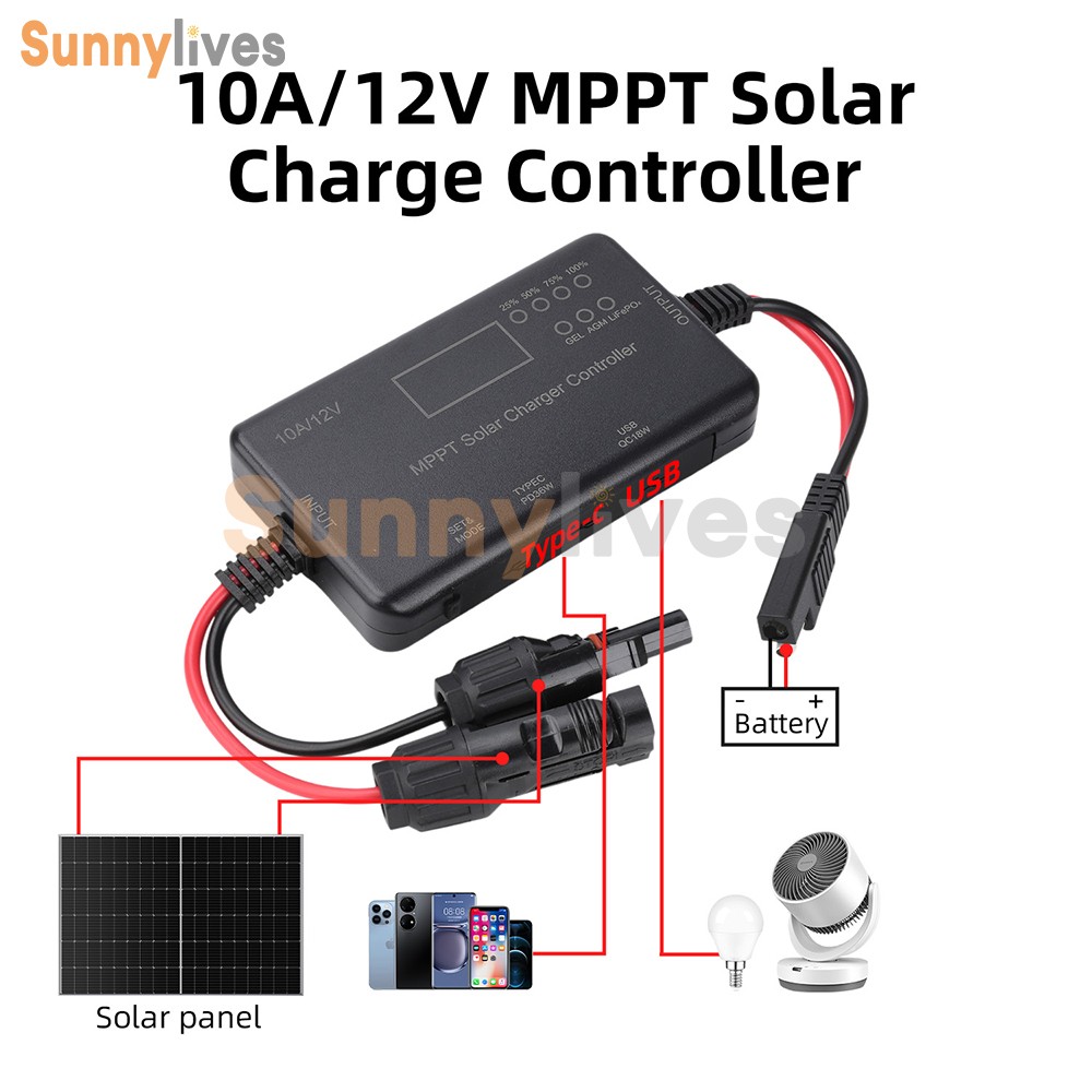 MPPT Solar Charger Controller 12V 10A Solar PV Controller for Lead-Acid LiFePO4