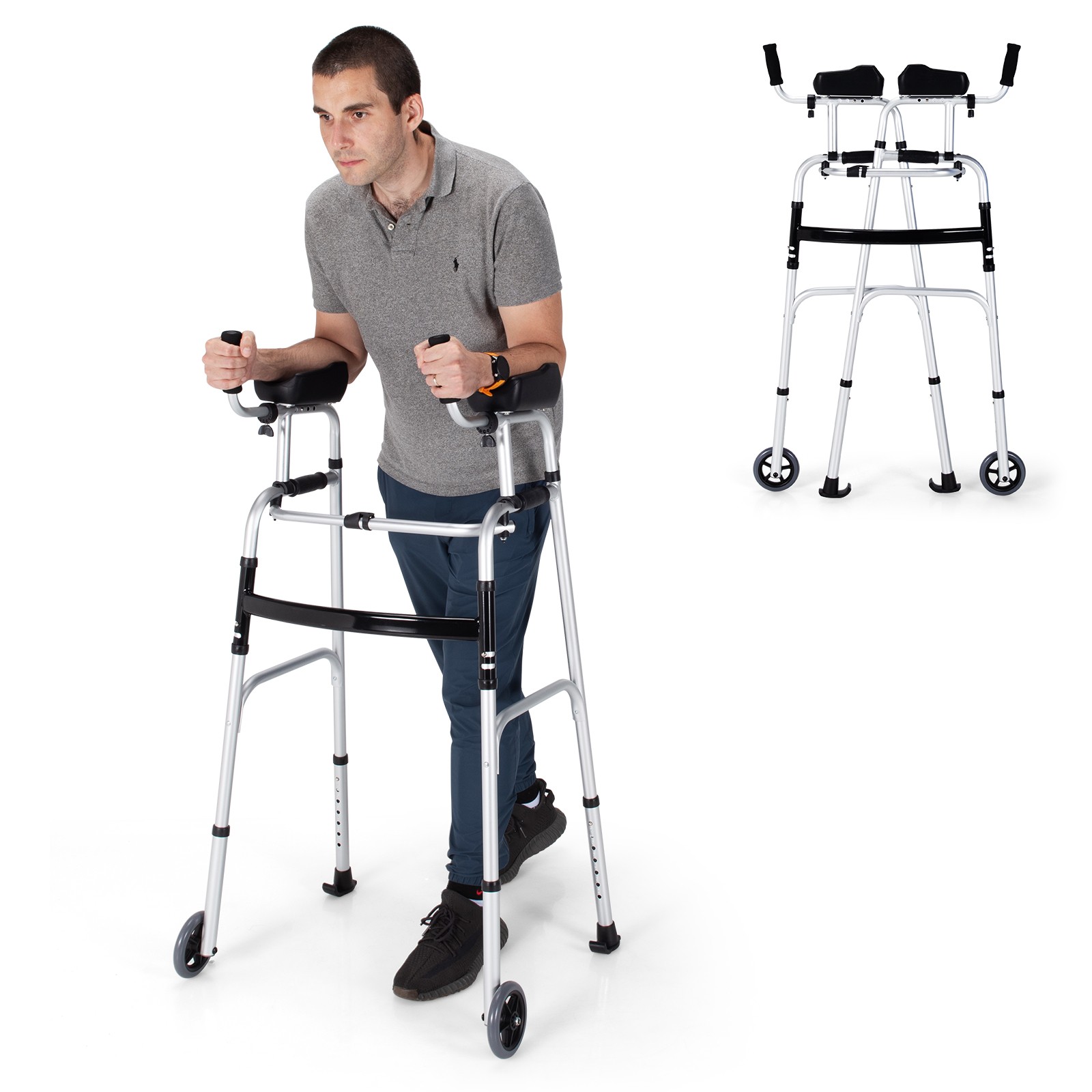 Folding Aluminum Alloy Wheel Walking Frame Adjustable Walker W/Armrest Support