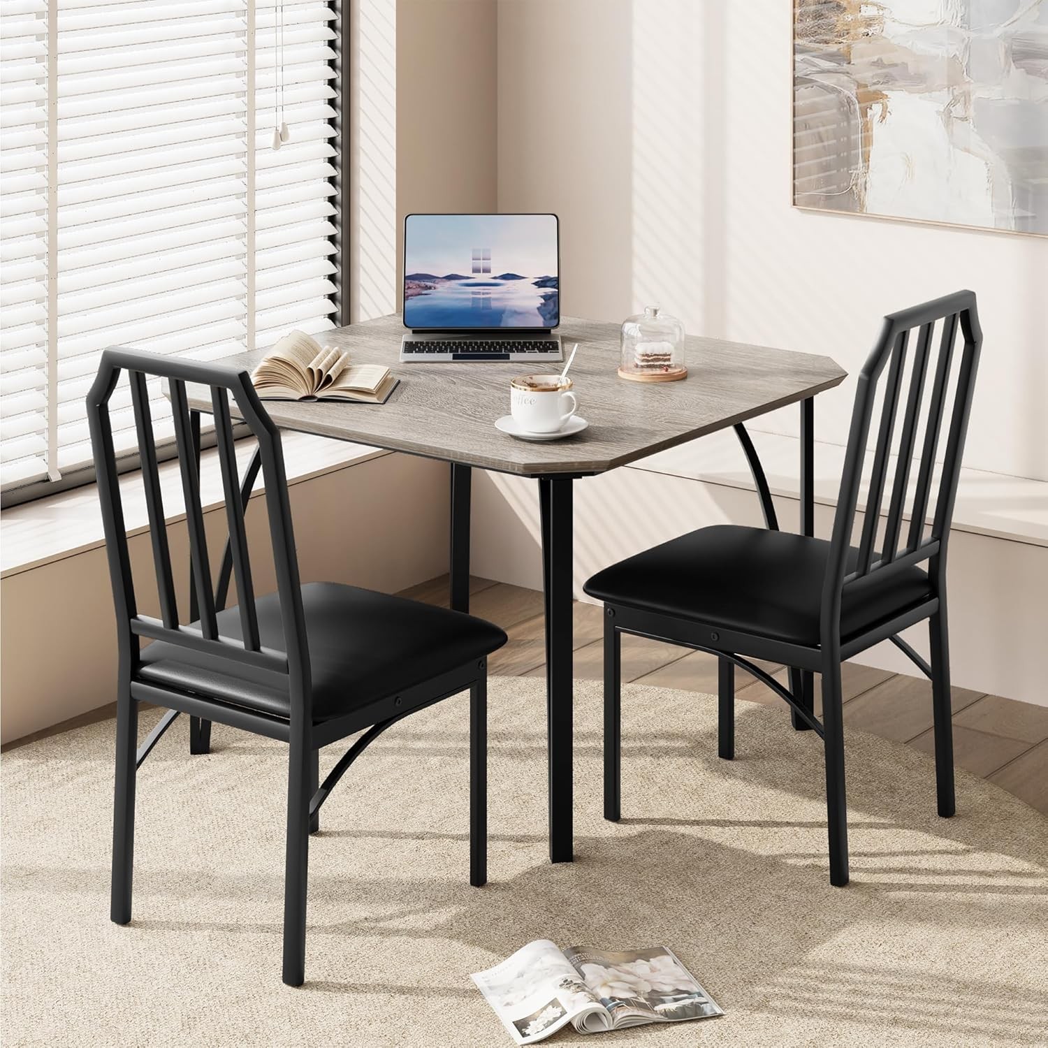 3PCS Dining Table Set for 2 with Upholstered Chair Kitchen Table and Chairs Gray
