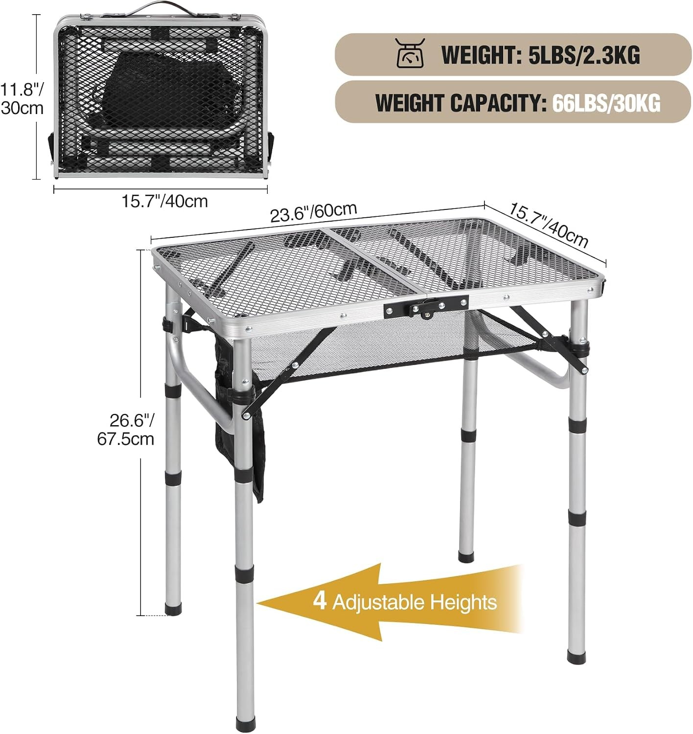 2FT Folding Grill Table Adjustable Portable Metal Camping BBQ Table w/ Mesh Top