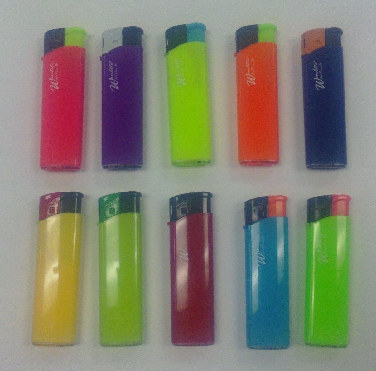 SET OF 10 WINLITE NUEVO LIGHTER ASSORTED COLORS - ADJUSTABLE FLAME & REFILLABLE