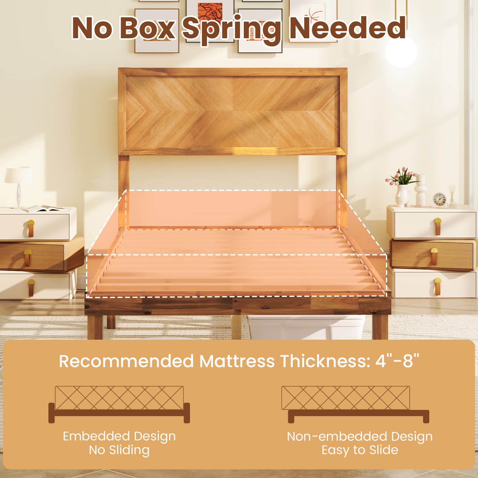 Twin Size Bed Frame w/Headboard Wooden Slats Support 9" Under-bed Storage Space