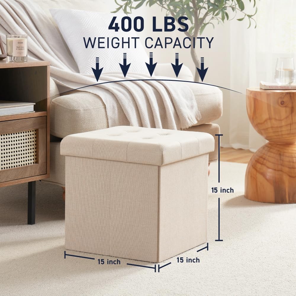 15 Inch Folding Storage Ottoman, Square Small Storage Foot Rest Stool, Bedroo...