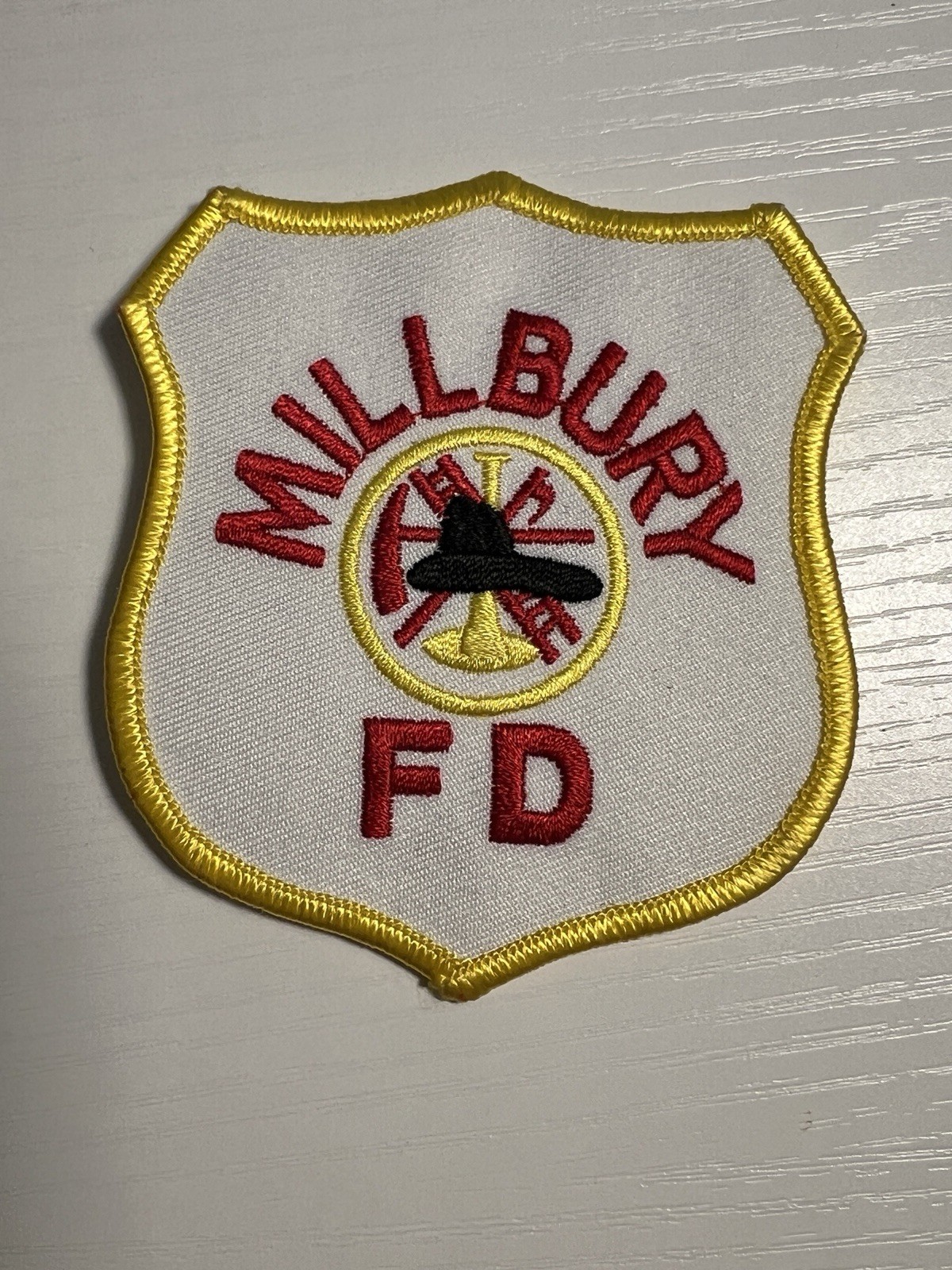Millbury Massachusetts Fire Dept PATCH Shield Shape Patch White Yellow Red