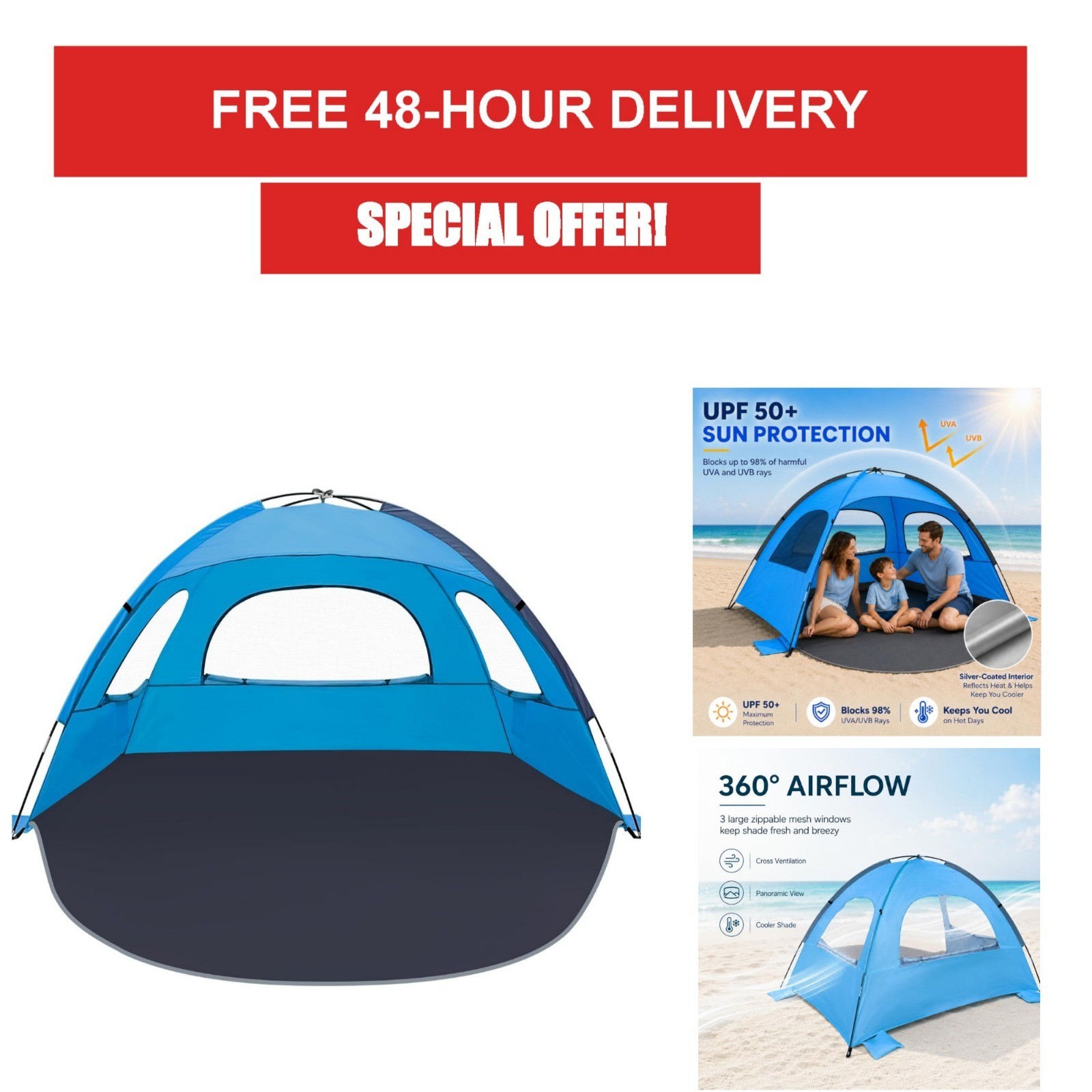 NXONE Beach Tent Sun Shelter - UPF 50+ UV Protection, Portable, Easy Setup