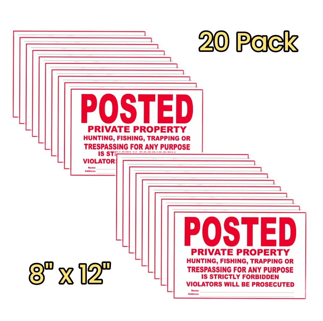 Posted Private Property Red/White Signs 8" x 12" - Tyvek Material, 20 Pack