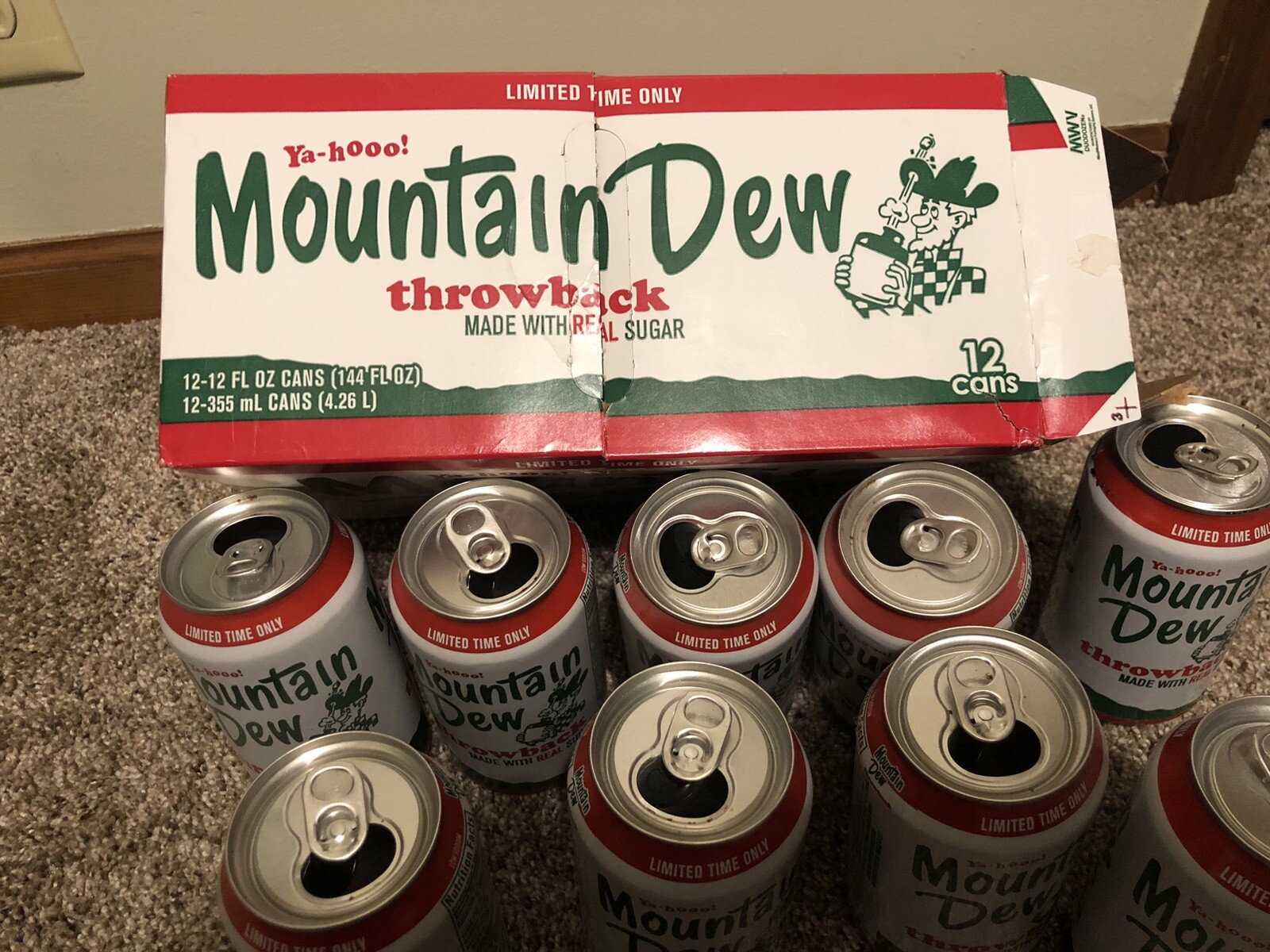 Mountain Dew Throwback Hillbilly Real Sugar 12 Pack Box W/Empty Cans 2011 Exp