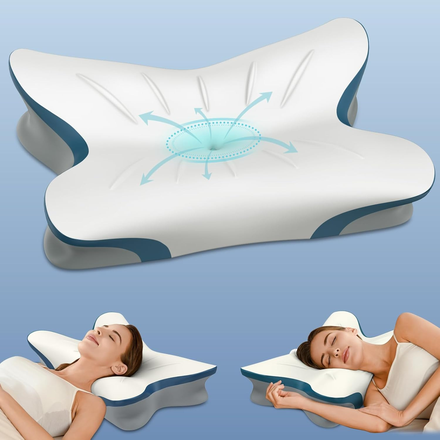 Cervical Pillow for Neck Pain Relief - Ergonomic Neck Pillow, White & Blue | Con