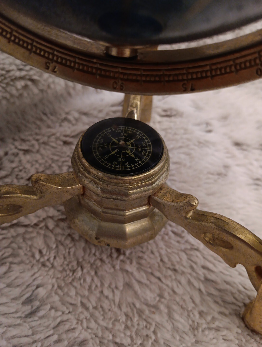 Gemstone Inlay Tabletop World Globe With Brass Frame & Compass 9" Tall