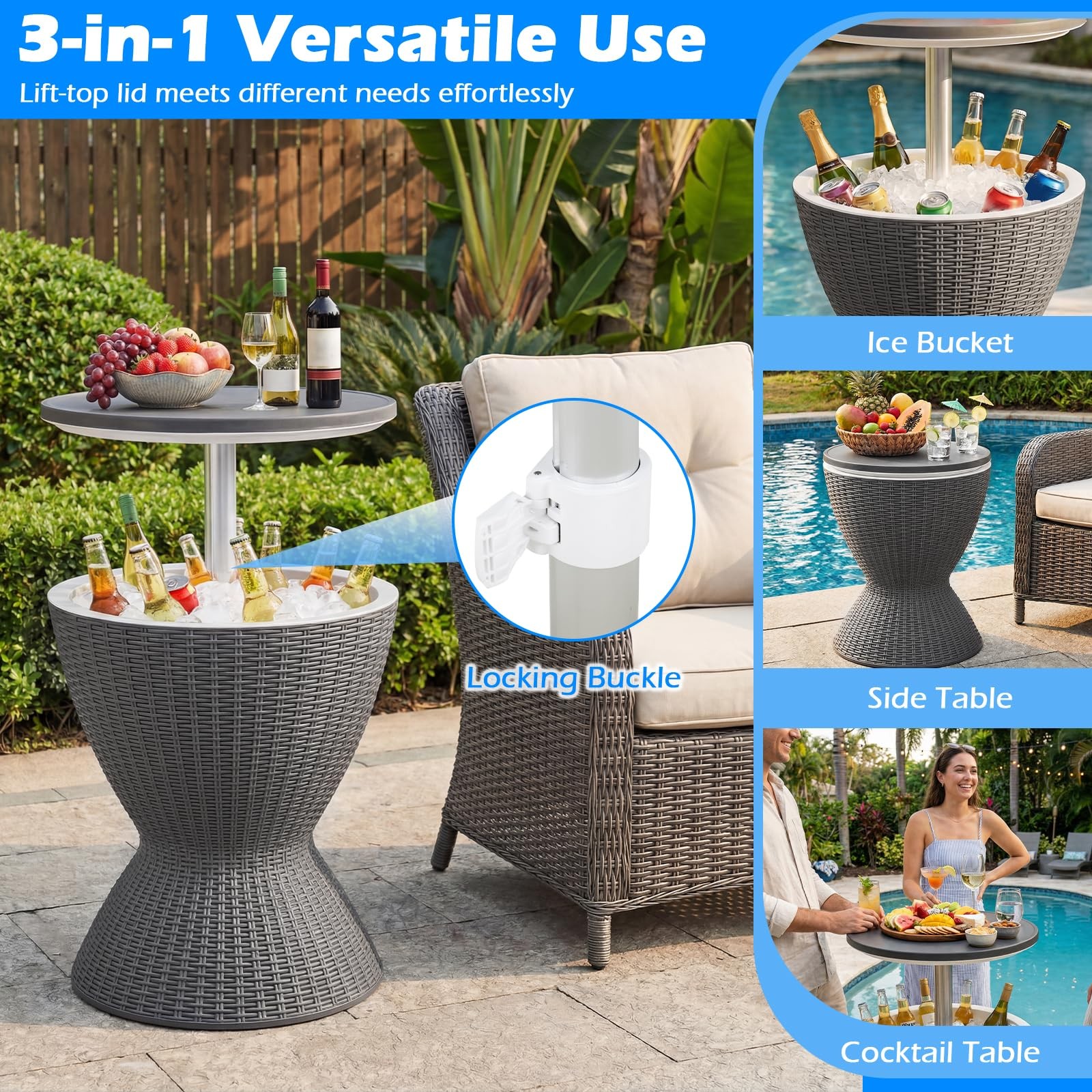 Outdoor Cooler Table, Multi-Functional Cooler Bar Table, Adjustable Height Ic...