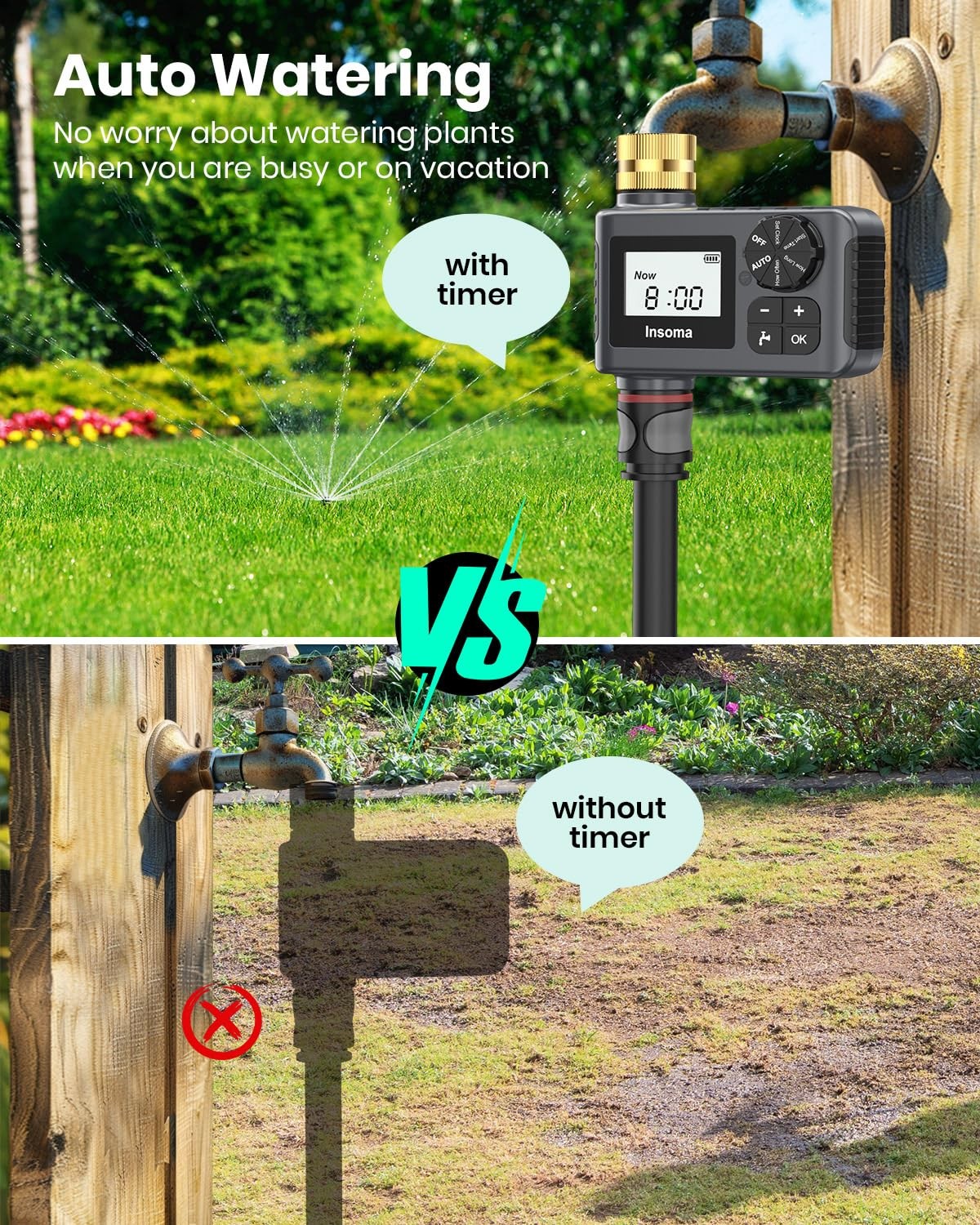 Sprinkler Timer with Brass Swivel, Programmable Water for compact, Gray
