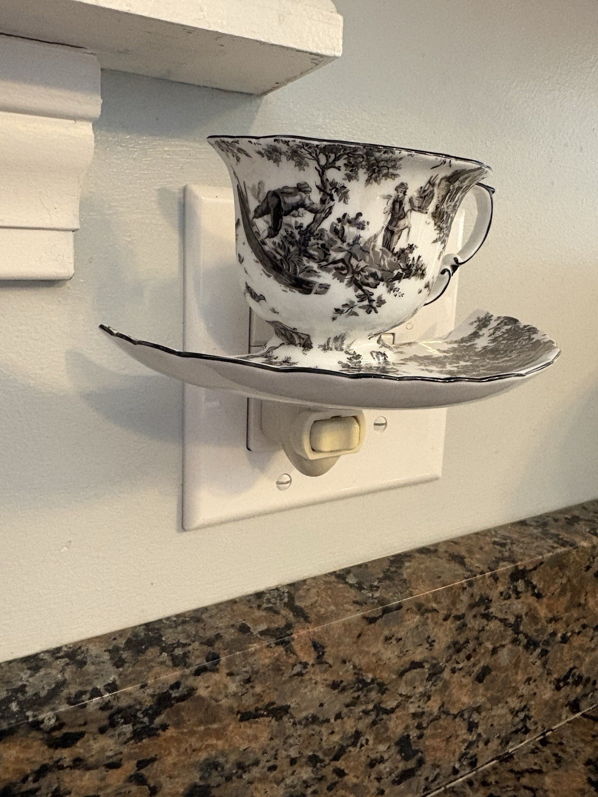 Porcelain Toile Design Teacup Night Light Black Transferware