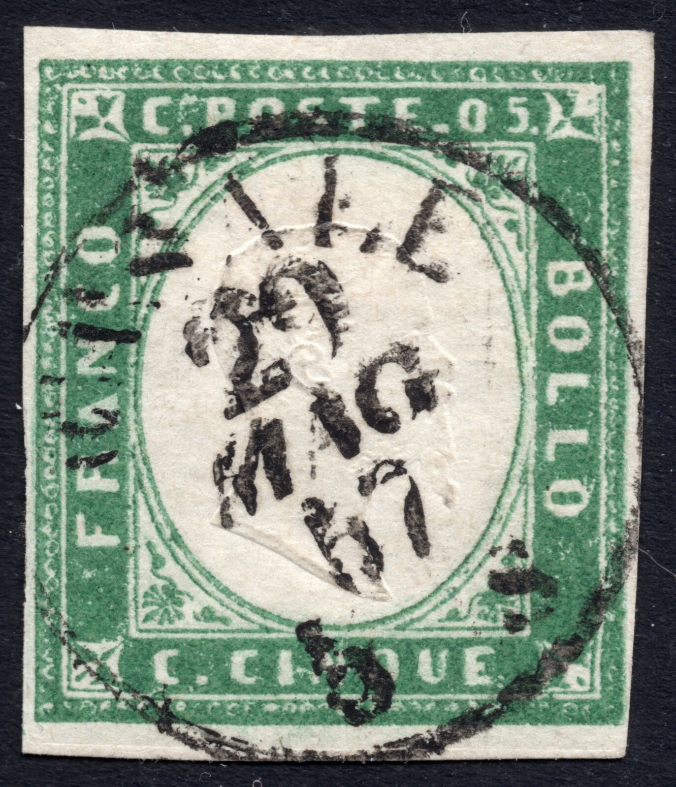 ITALIAN STATES SARDINIA VERDE SMERALDO GIALLASTRO AVI  CASALE 29 MAG 1857