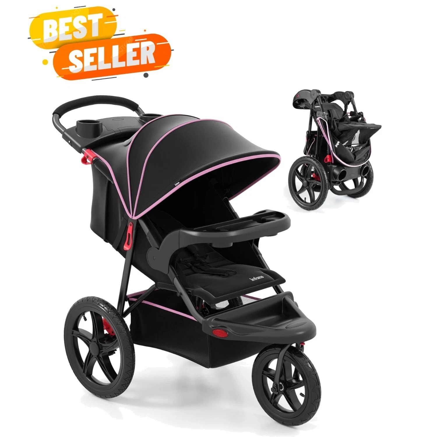 Jogging Stroller, Foldable Jogger with Air-Filled Tires Shock Absorbing Suspe...