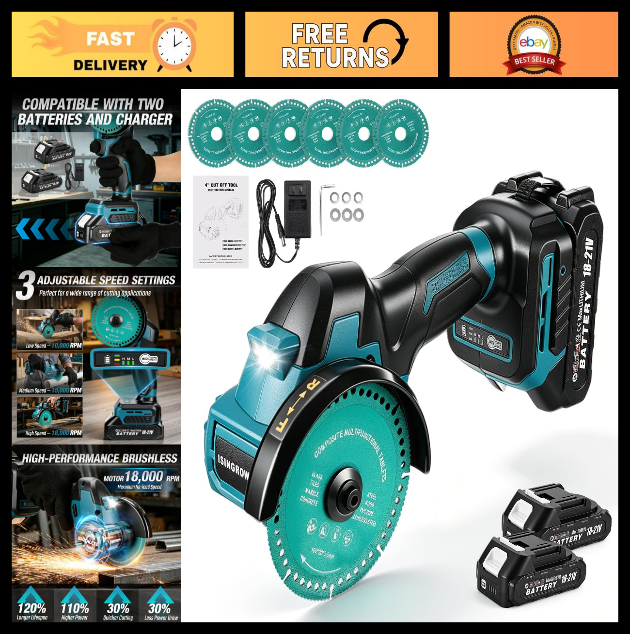 Cordless Mini Cut Off Tool Kit - 21V Brushless 4-Inch Saw, 2 Batteries, 3-Speed