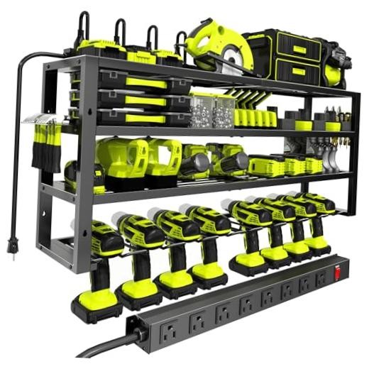 Large Power Tool Organizer Wall Mount with Charging Station, 8 Outlet Power