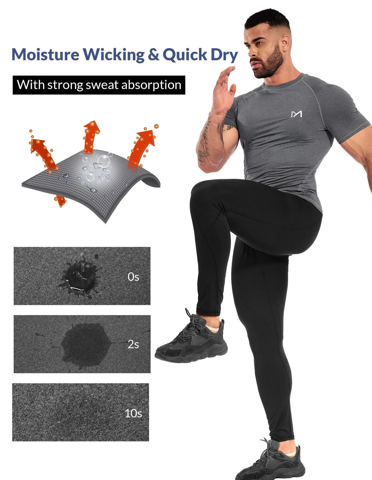 Men’s Compression Shirts Short Sleeve Workout Shirt, Quick Dry Medium, A-grey
