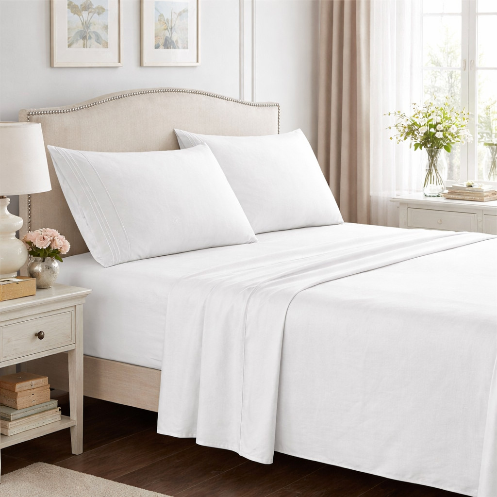 Queen Bed Sheet Set White 4 Piece Microfiber Sheets Deep Pocket Wrinkle Free