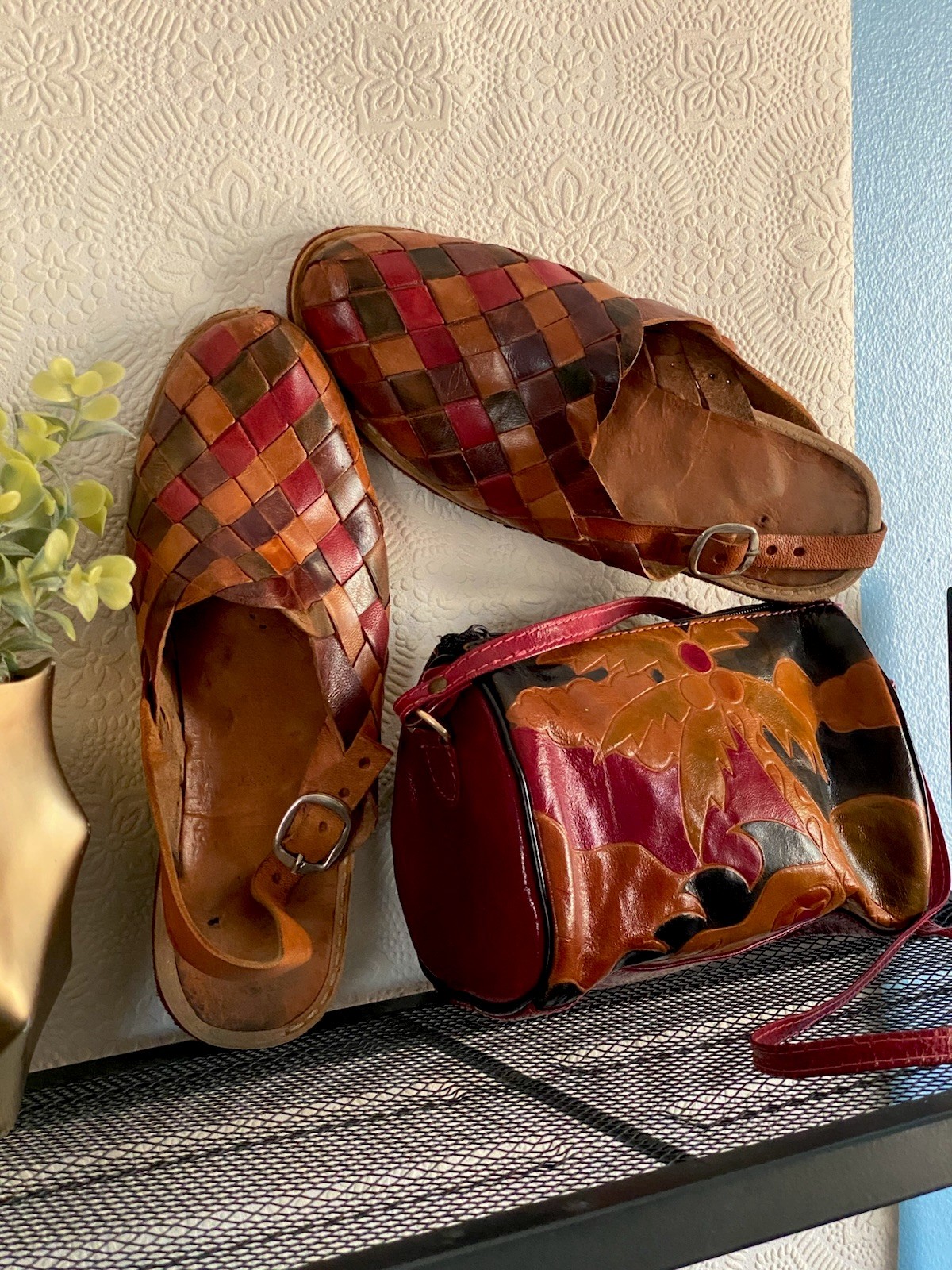 Unique HANDMADE LEATHER Bag and Sandals 7M Boho Style, Red Brown Orange Black.