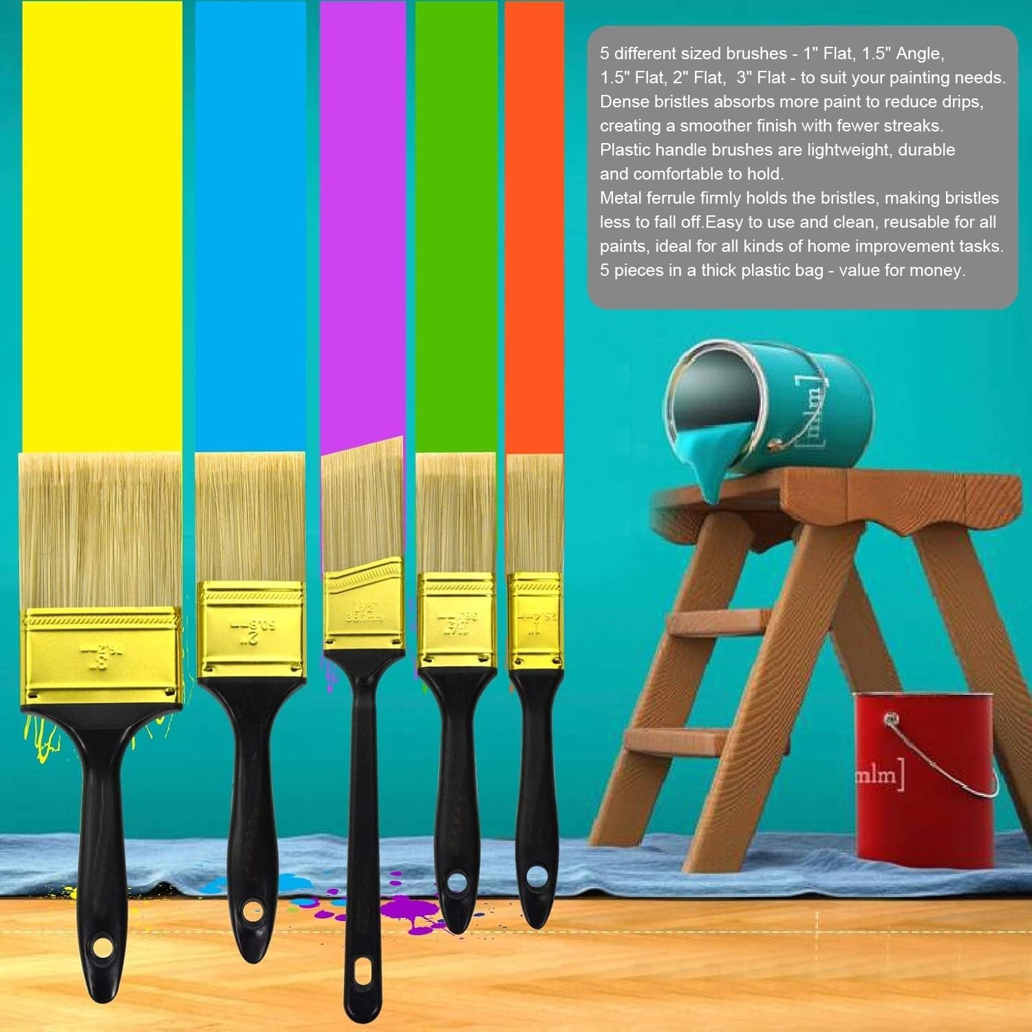 Great Andrew Paint Brushes, 5 Pack Great Value Multi use(3" 2" 1.5" 1" Flat &...