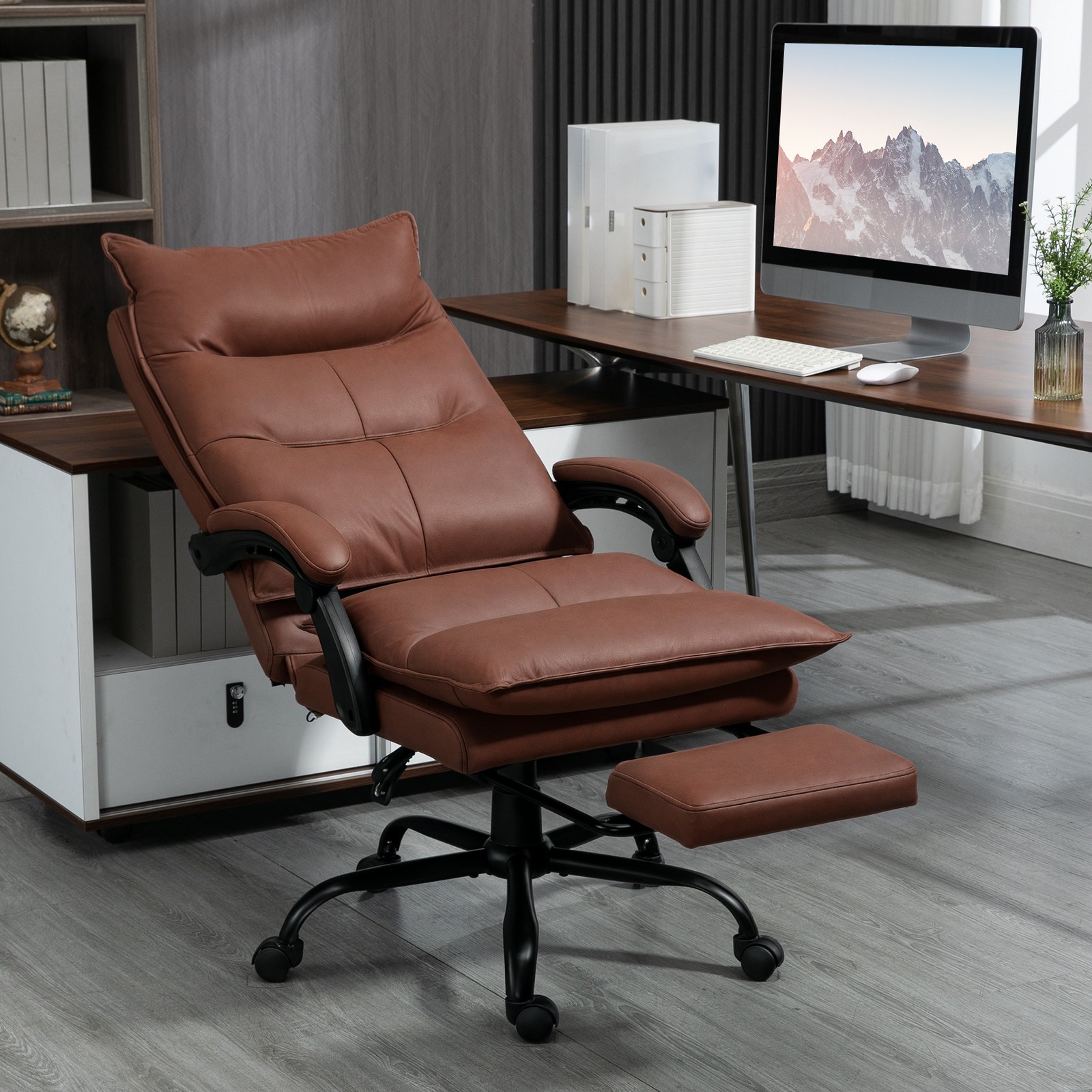 Microfiber Office Chair with Massage, Heat, Footrest, Brown