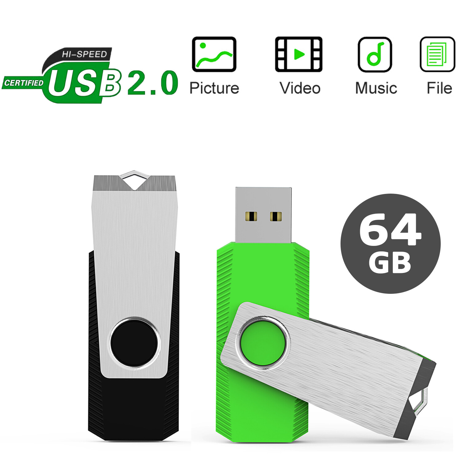 Kootion USB 2.0 2 PACK 64GB Metal Anti-skid Flash Drive Memory Stick Mixed Color