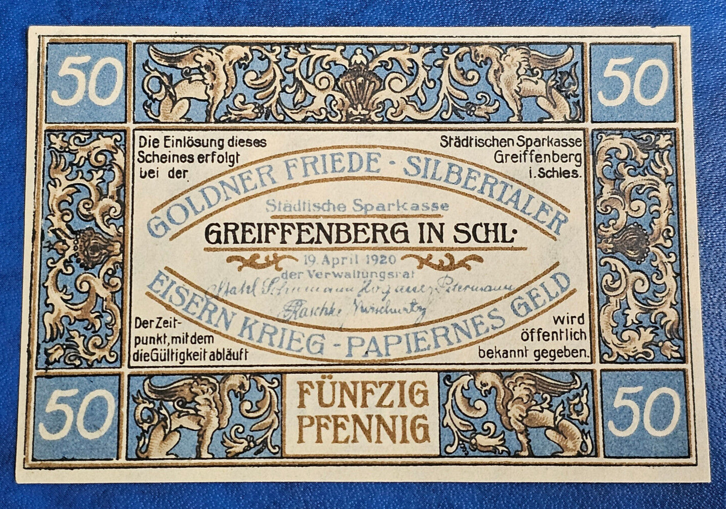 GREIFENBERG (GRYFÓW ŚLĄSKI) NOTGELD 50 PFENNIG 1920 GERMANY BANKNOTE [35370]