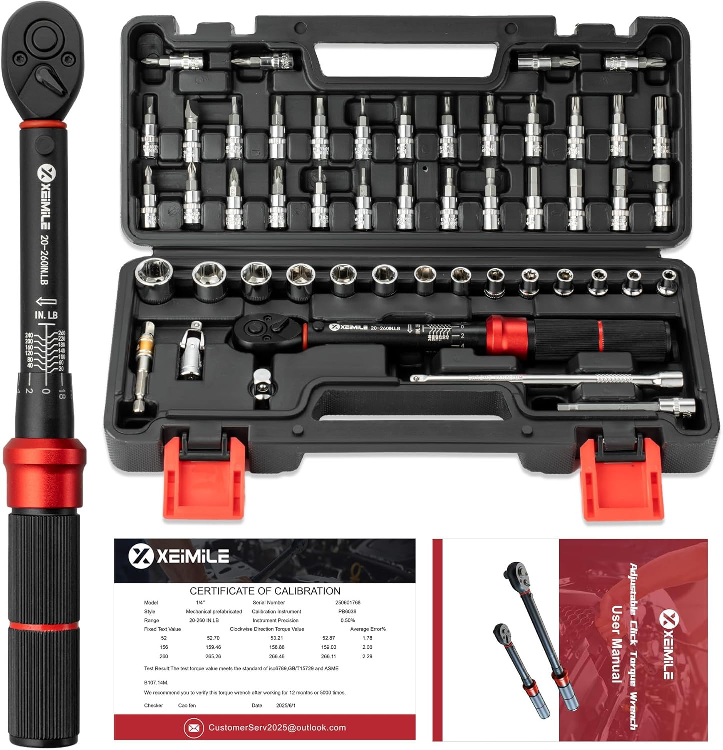 51Pcs Bike Torque Wrench Set,1/4" Drive 20-260 In.Lb/2.3-29.4Nm,Inch Pound Click
